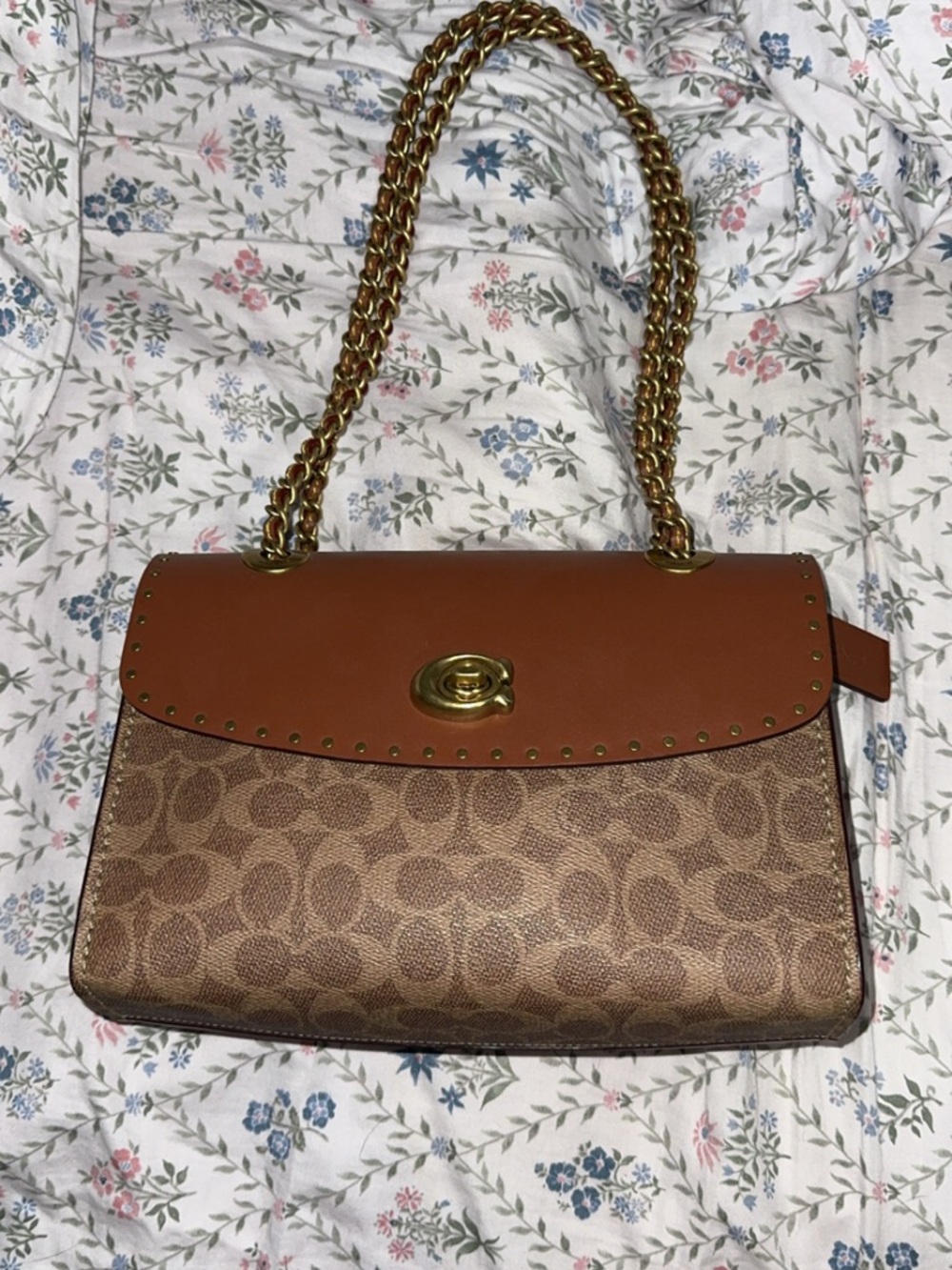 Coach Brown Signature Canvas Shoulder Bag with Tan Leather Flap